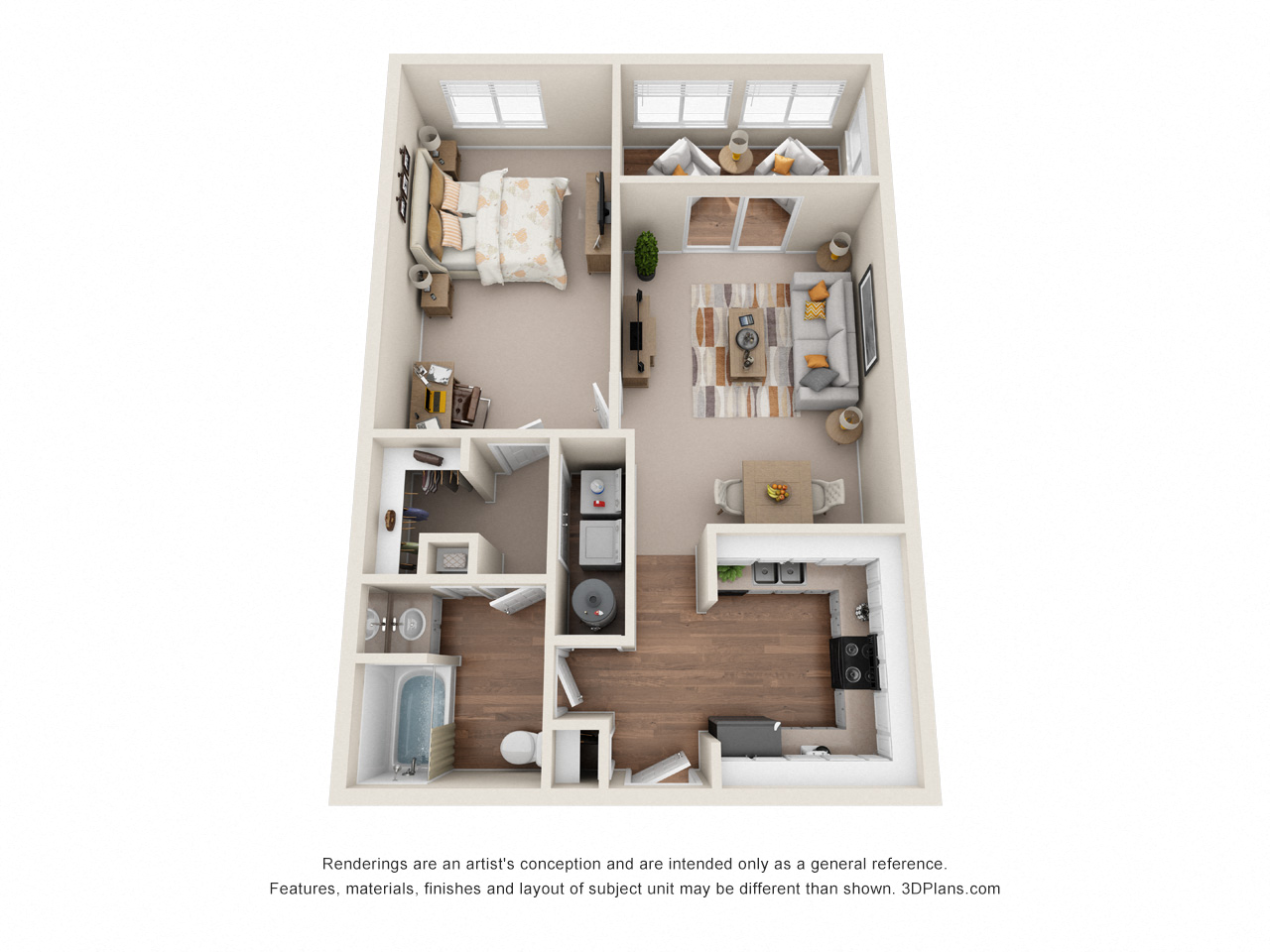 Floor plan for 1 bed, 1 bath, 840 sqft
